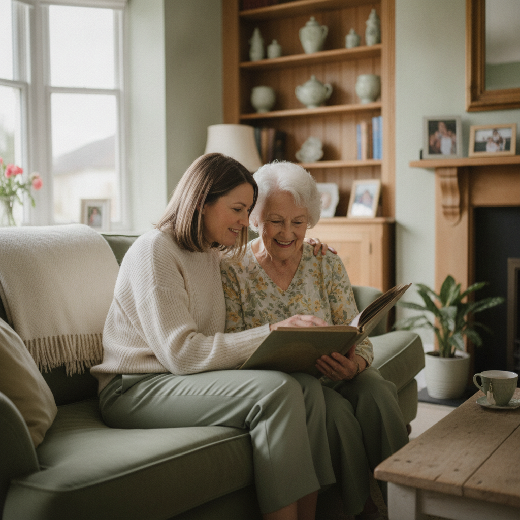 A Willow Grange carer sharing a photo album with a client at home